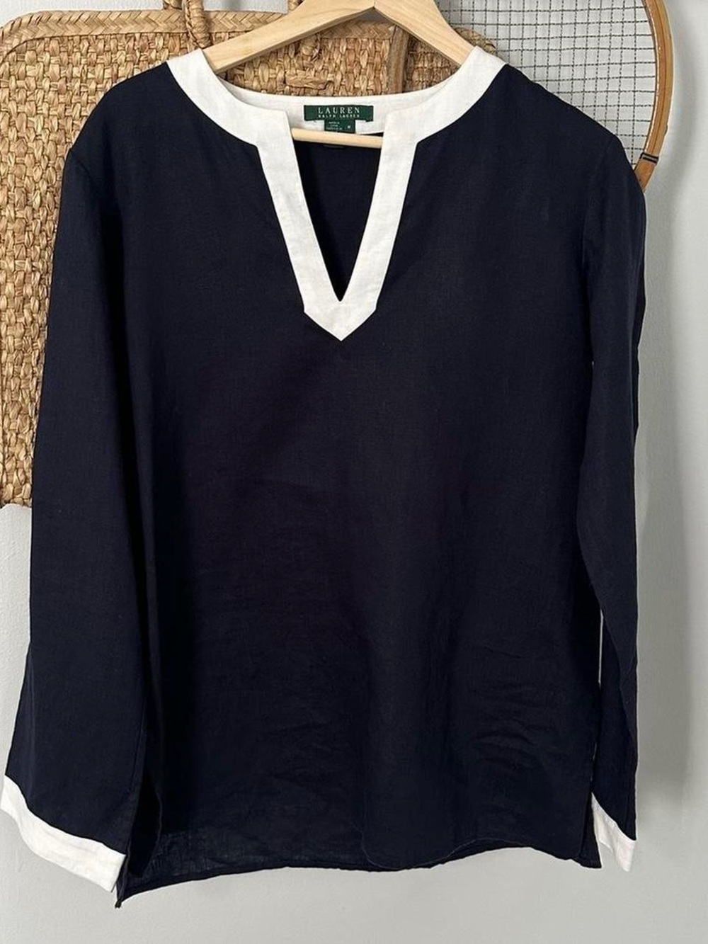 Lauren Ralph Lauren Linen Navy Tunic Top with White Trim
